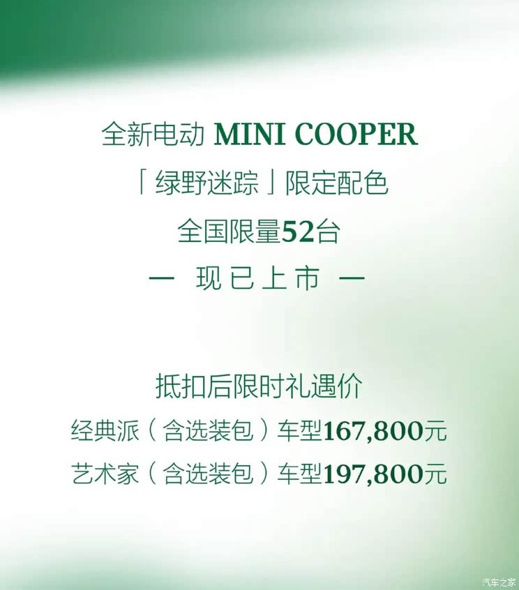 售16.78萬起/限量52臺 電動MINI COOPER推出綠野迷蹤限定配色